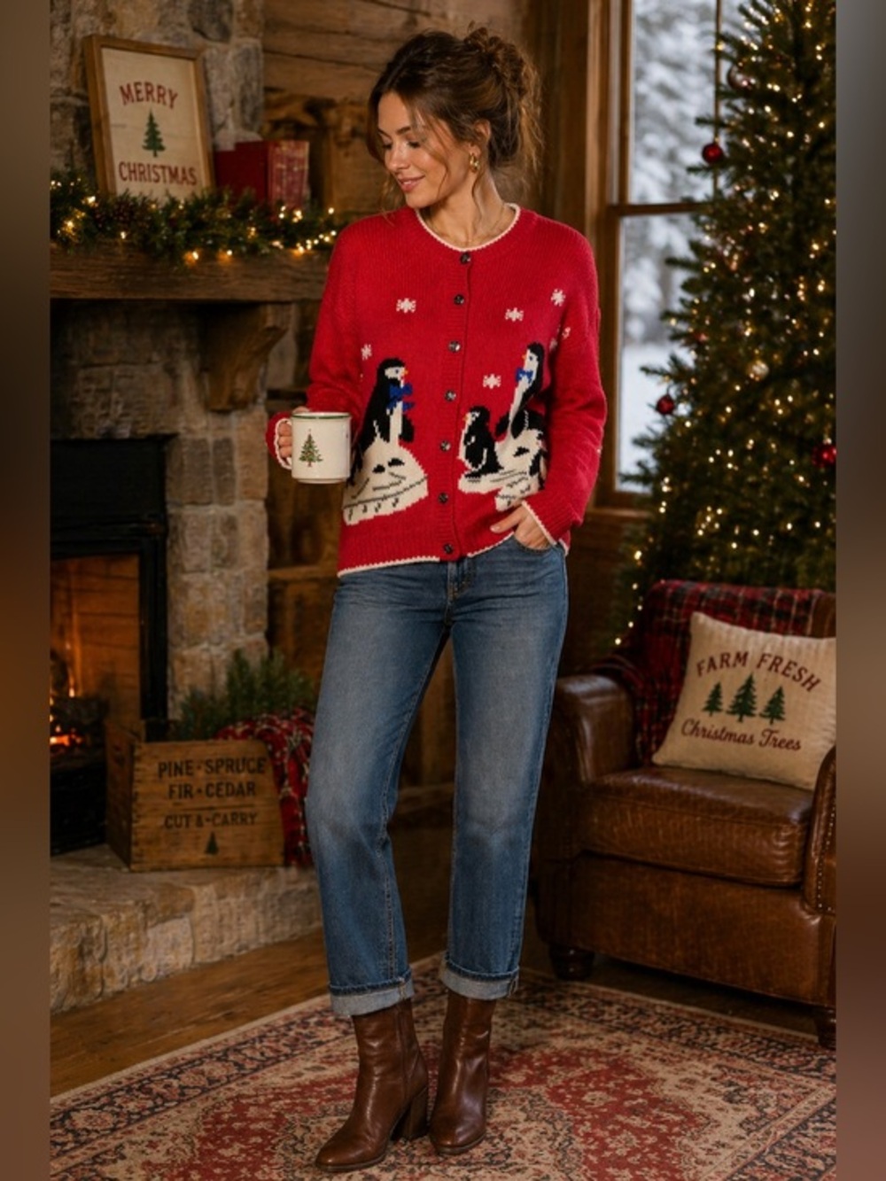 Vintage Penguin Cardigan Sweater Red Novelty Christmas Holiday Cute Cozy Sz 8